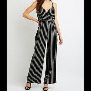 Striped Wide Leg Lace Up Cross Back Sleeveless Jumpsuit Romper Black White Small